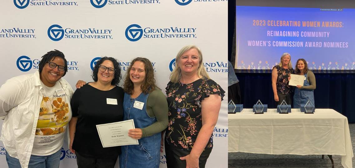 Two photos combined, first photo showing several women posing with an award, the second photo showing a professor with the student at the award trophy table
